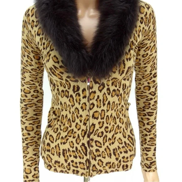 CACHE Zipper Sweater SMALL Leopard Animal Print Fox Fur Collar Knit Cardigan Top - Picture 3 of 15